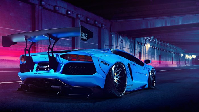 Blue Lamborghini Aventador with large rear wing