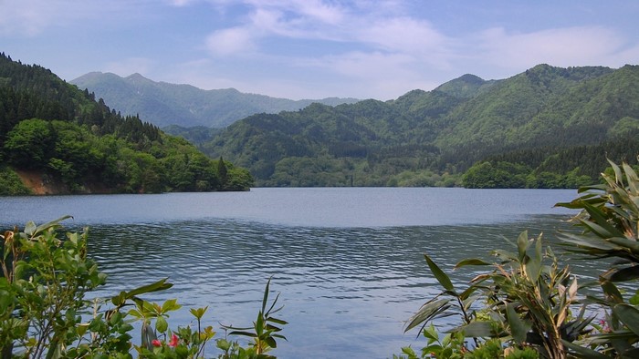 Lake surrounded by green mountains