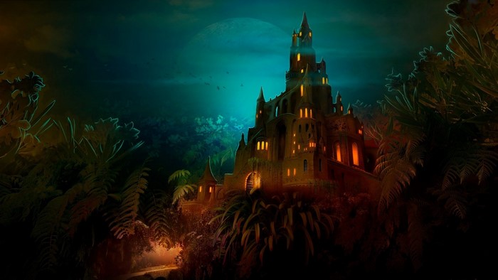 Fantasy castle in a dark jungle