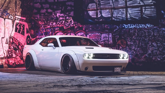 White Dodge Challenger with widebody kit