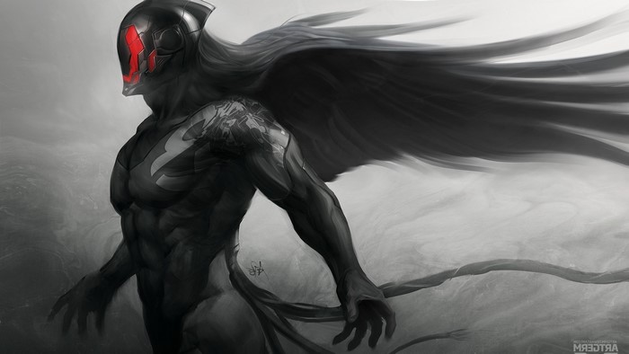 Black winged being with red helmet