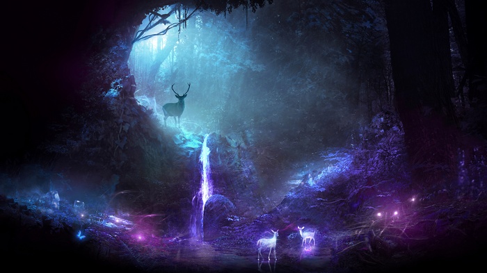 Magical Forest with Deer and Waterfall
