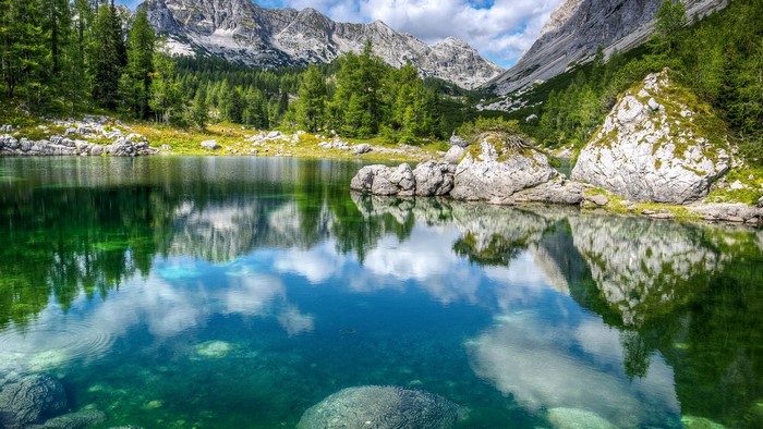 Clear mountain lake reflecting trees and sky