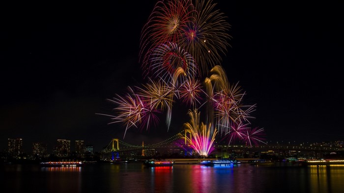 Fireworks over Rainbow Bridge in Tokyo