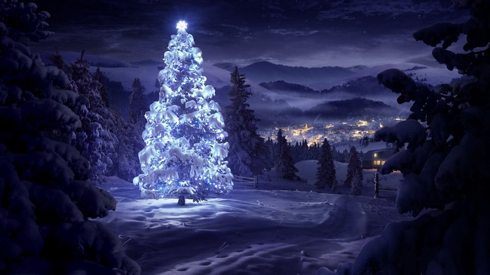 Snowy Christmas Tree in a Winter Village