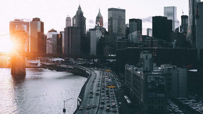 New York City Skyline and Bridge at Sunset