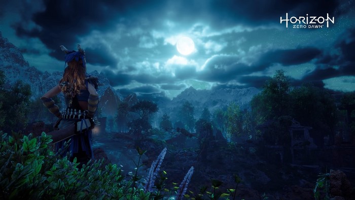 Aloy from Horizon Zero Dawn under the moon