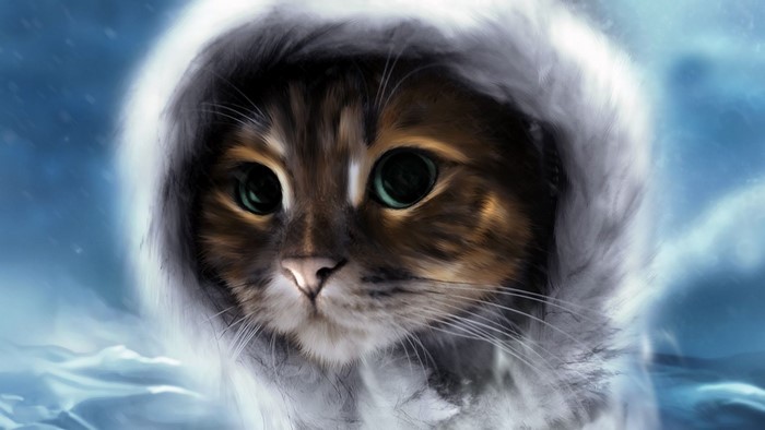 A cat wearing a fur-lined hood in the snow