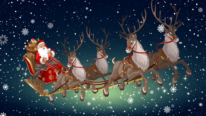 Santa Claus and reindeer flying in the night sky