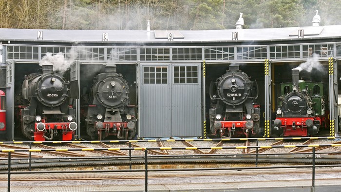 Steam Locomotives in a Depot