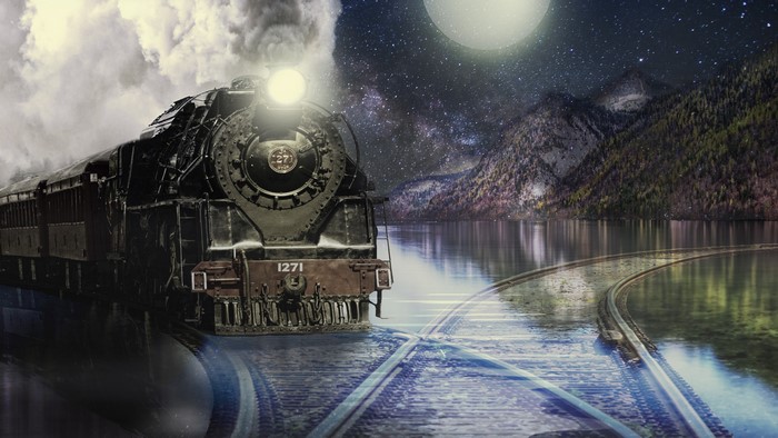 4K Locomotive on Water Tracks at Night