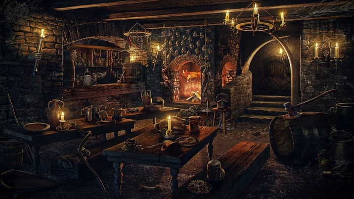 Medieval tavern interior with fireplace and tables