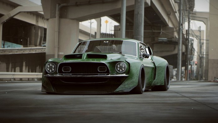 Green Modified Ford Mustang in Urban Environment