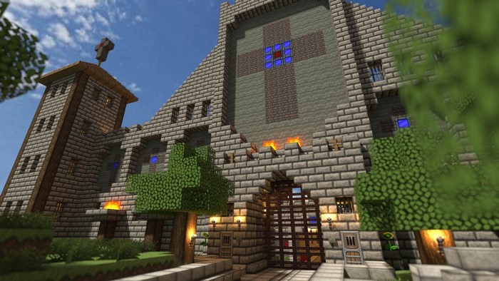 Minecraft Church with Stained Glass Cross
