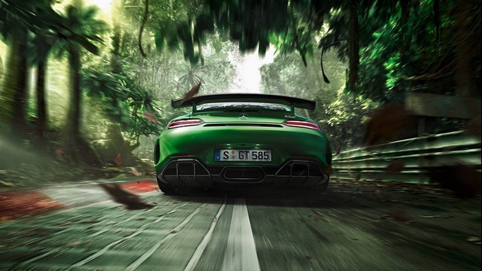 Green Mercedes-AMG GT R on a jungle race track