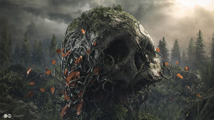 Skull overgrown with vines and roses