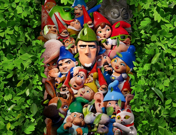 Sherlock Gnomes characters in a garden