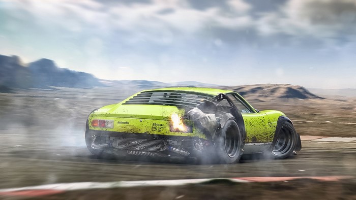 Damaged lime green Lamborghini Miura drifting