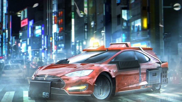 Red Tesla Model S taxi in a futuristic city at night
