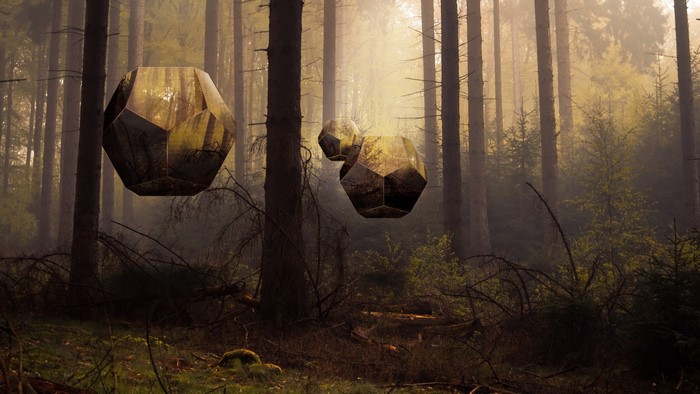 Geometric shapes floating in a misty forest