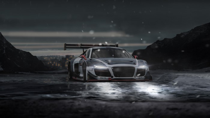 Audi R8 LMS GT3 race car in snow