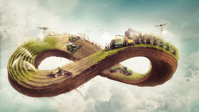 Infinity loop farm with airplanes and machinery
