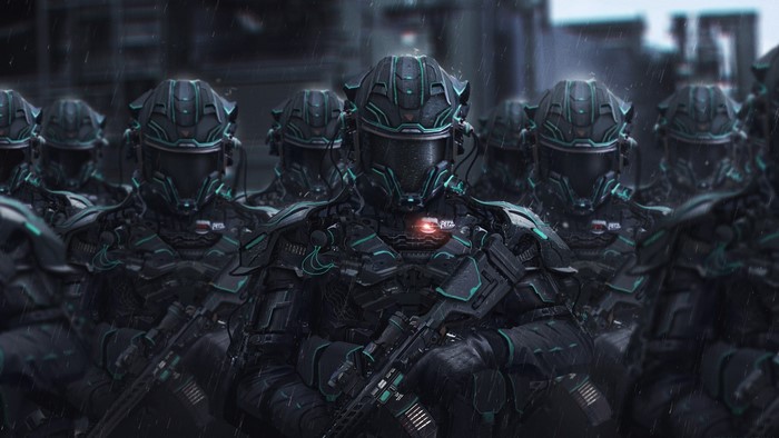 Soldiers in futuristic armor holding rifles in the rain