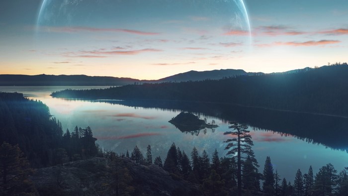 Alien Planet Landscape with Large Moon and Forest Lake
