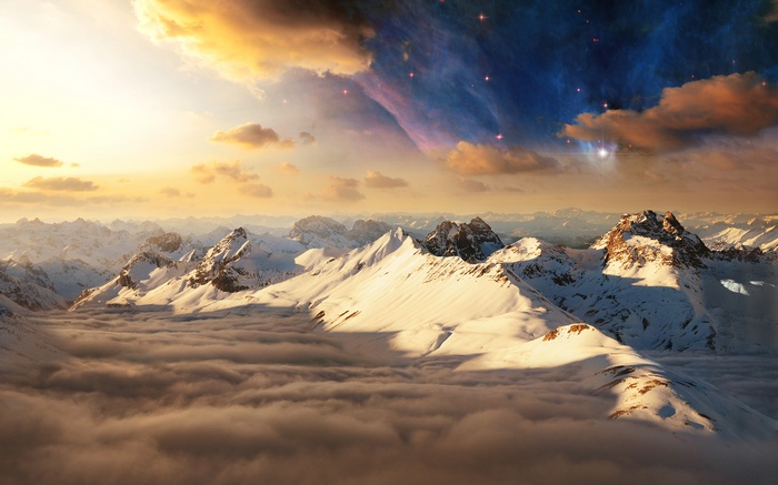 Snowy mountains above clouds with nebula sky