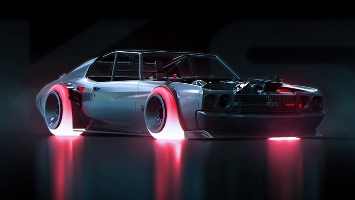 Modified Chevrolet SS with glowing red wheels