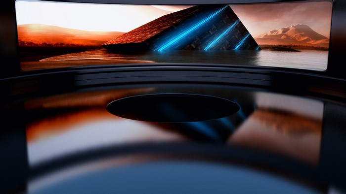 Futuristic Pyramid with Blue Lights in Water