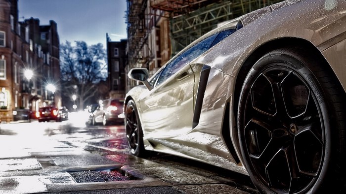Lamborghini Aventador on a Wet City Street