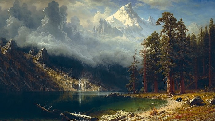 Bear by a lake with mountains and forest
