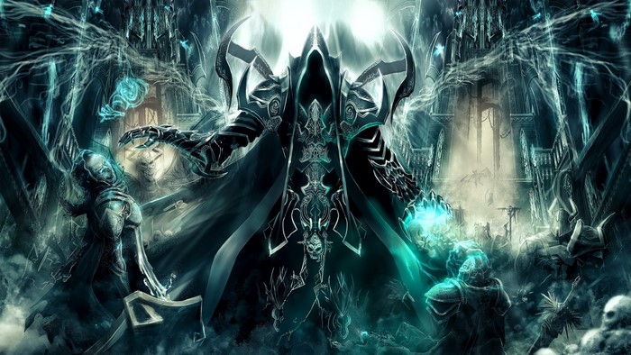 Diablo artwork featuring a hooded figure and spectral beings