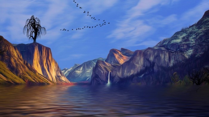 Mountain lake with waterfall and birds