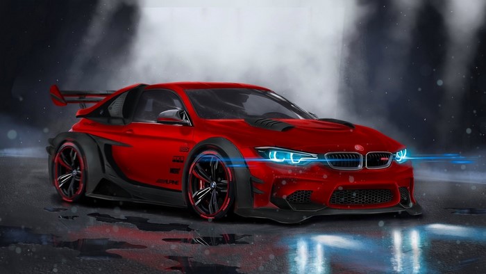 Red BMW Tuning Car with Blue Headlights