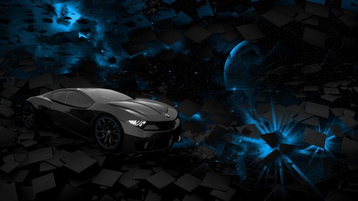 Black BMW car in abstract space with blue nebula