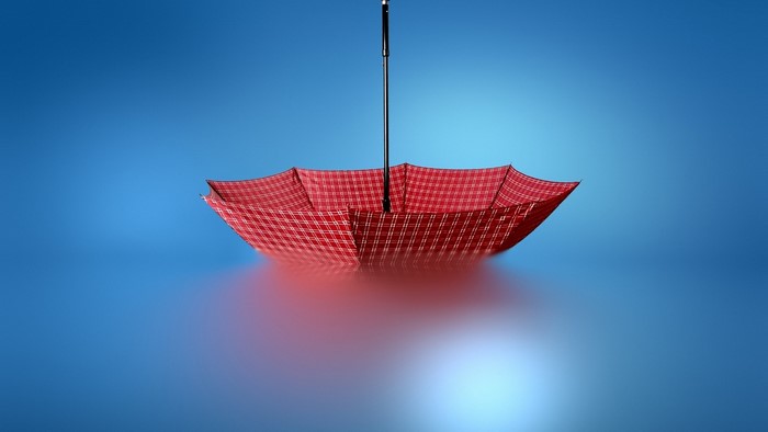 Red Plaid Umbrella Reflected on Blue Surface