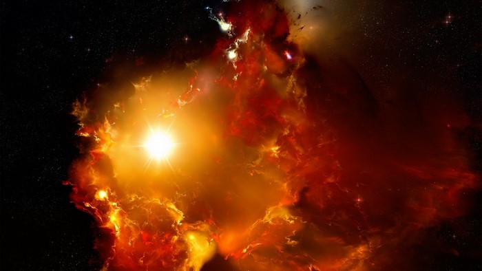 Bright star in a red nebula