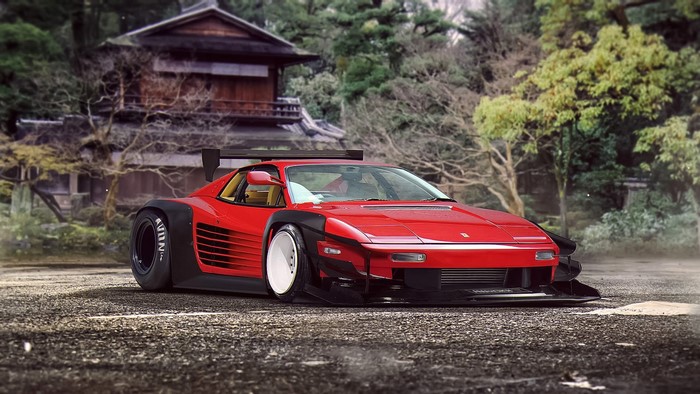 Red Ferrari Testarossa with widebody kit