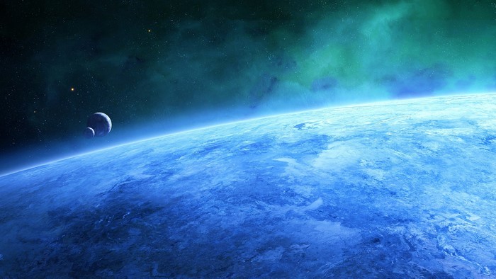 Blue Planet with Moons and Nebula