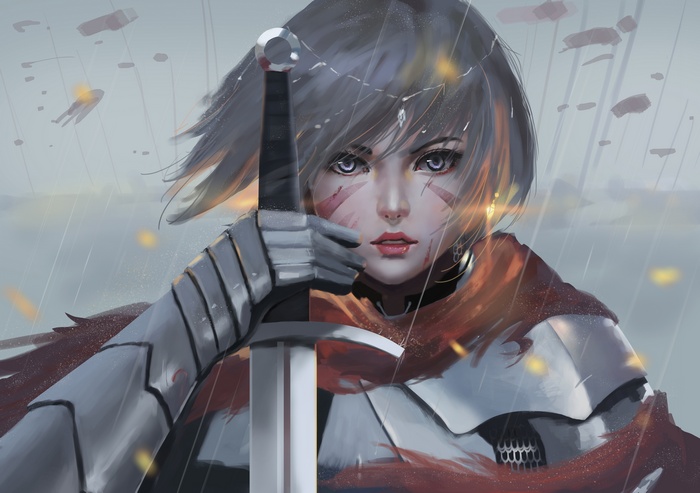 Warrior with sword in the rain