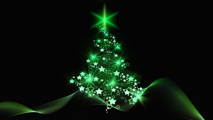 Green star Christmas tree with flowing ribbon