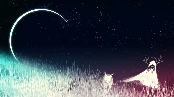 Girl with antlers and fox under a crescent moon
