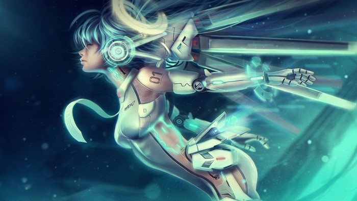 Anime girl with cybernetic enhancements in blue light