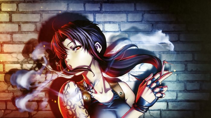 Anime girl smoking in front of brick wall