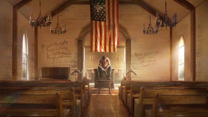 Man in church with American flag in Far Cry 5