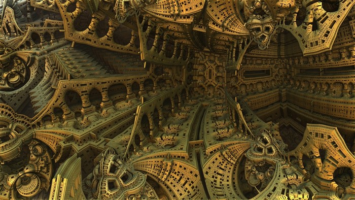 Intricate golden fractal structure with skull-like formations