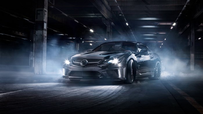 Black Mercedes SL AMG in a smoky garage