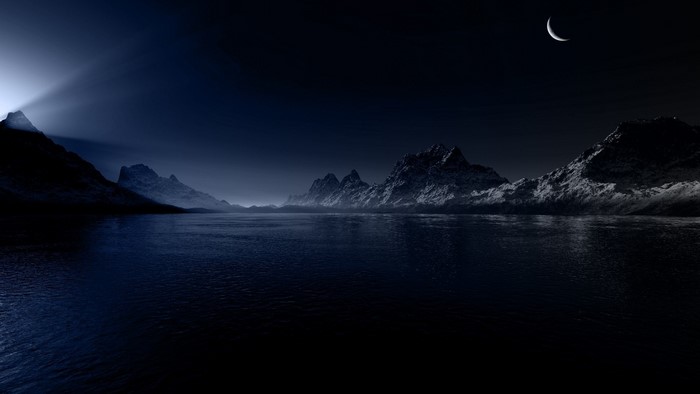 Night landscape with mountains and crescent moon
